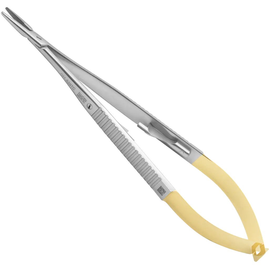 091-829TC Castroviejo Needle Holder 5 1-2in (14cm), straight, with lock, flat spring handle, serrated Tungsten Carbide jaws, A42, D42.webp