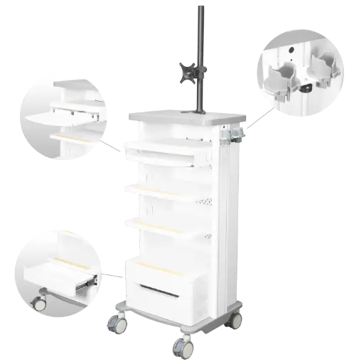[MED-TROL-001] Mobile Monitor Cart with Shelves & Drawer
